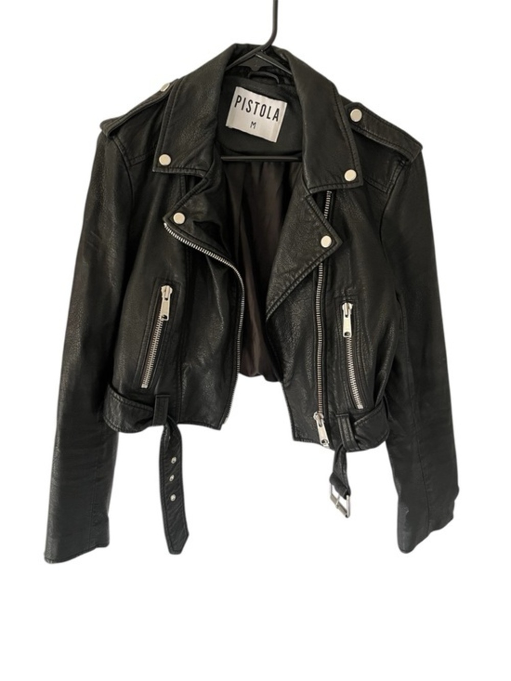 pistola Black Cropped vegan Leather Moto Jacket with Silver Hardware